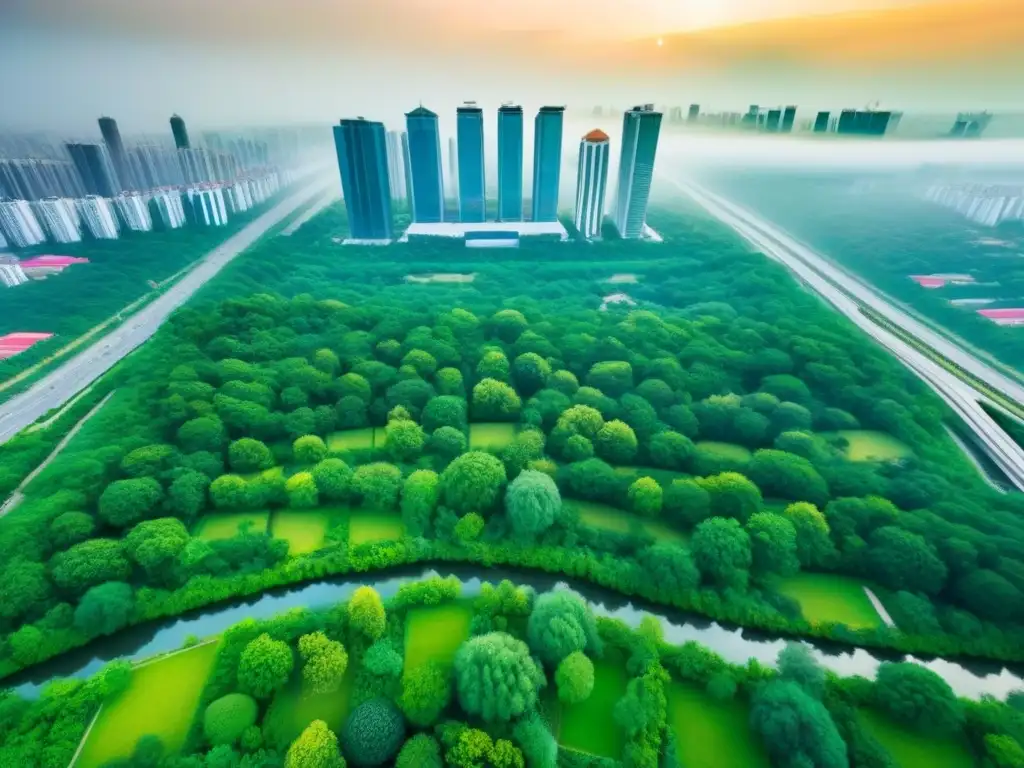 Armonía urbana: diseño moderno y naturaleza en equilibrio Vista aérea de área urbana con espacios verdes integrados, destacando beneficios de la naturaleza en desarrollos urbanos