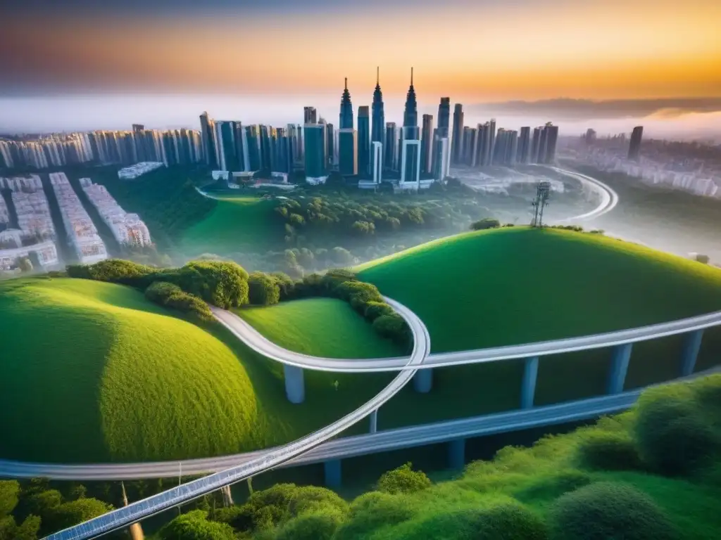 Teleféricos futuristas en moderna área residencial urbana Vista aérea de área urbana residencial con teleféricos futuristas, conectando rascacielos y parques