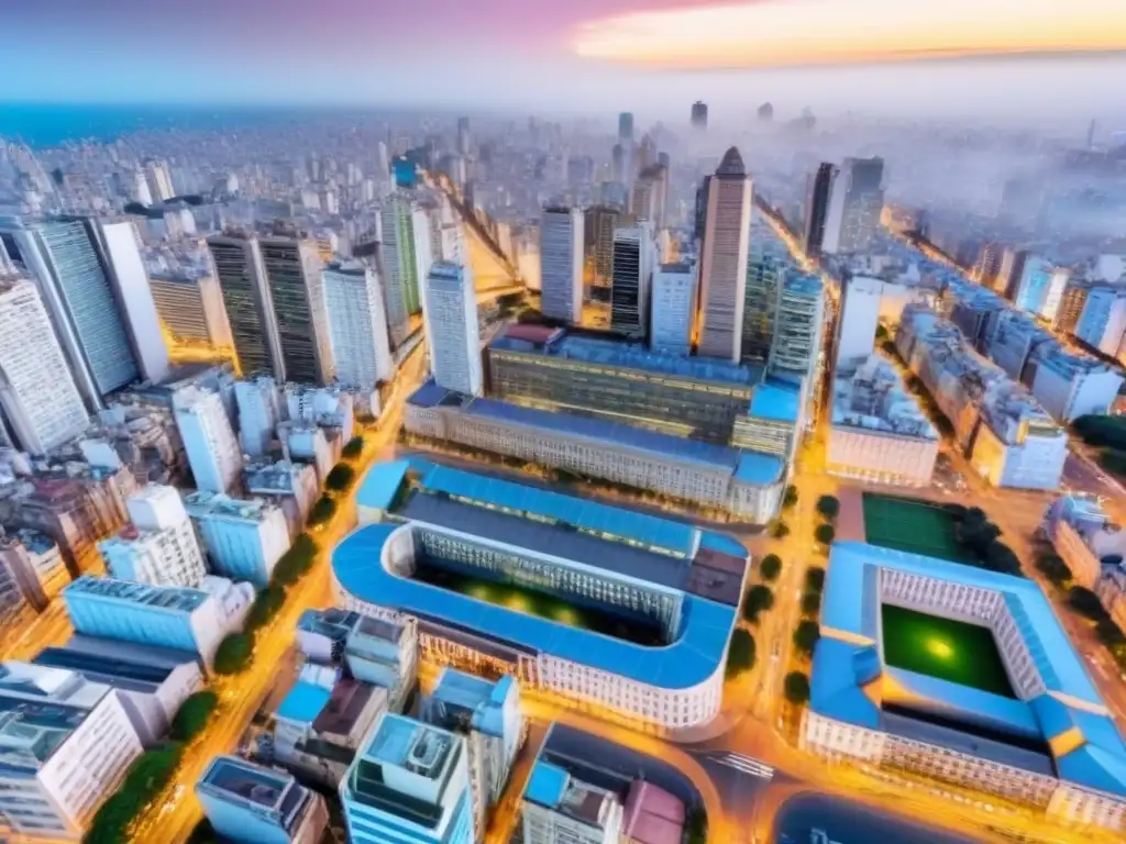 Skyline moderno de Buenos Aires: energía urbana Vista aérea de Buenos Aires, Argentina, con modernos rascacielos y calles llenas de gente y tráfico, reflejando la energía vibrante de la ciudad
