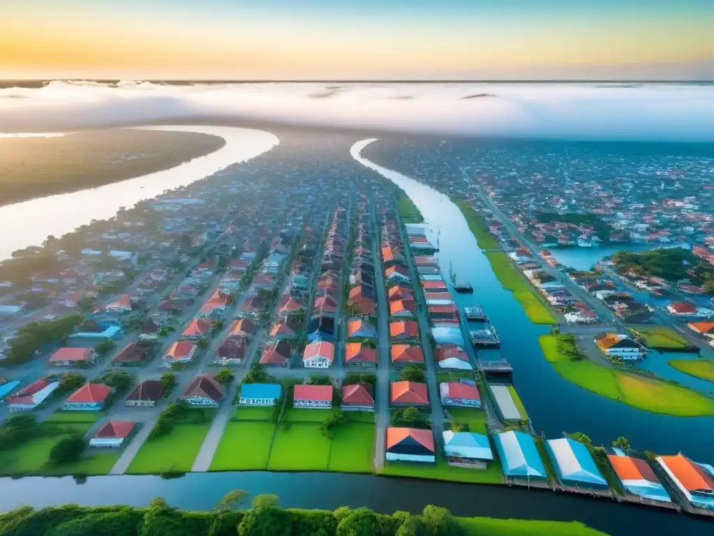 Esplendor arquitectónico de Paramaribo, Suriname Vista aérea de Paramaribo, Surinam, mezcla de arquitectura colonial holandesa y rascacielos modernos junto al río Surinam bajo un cielo azul