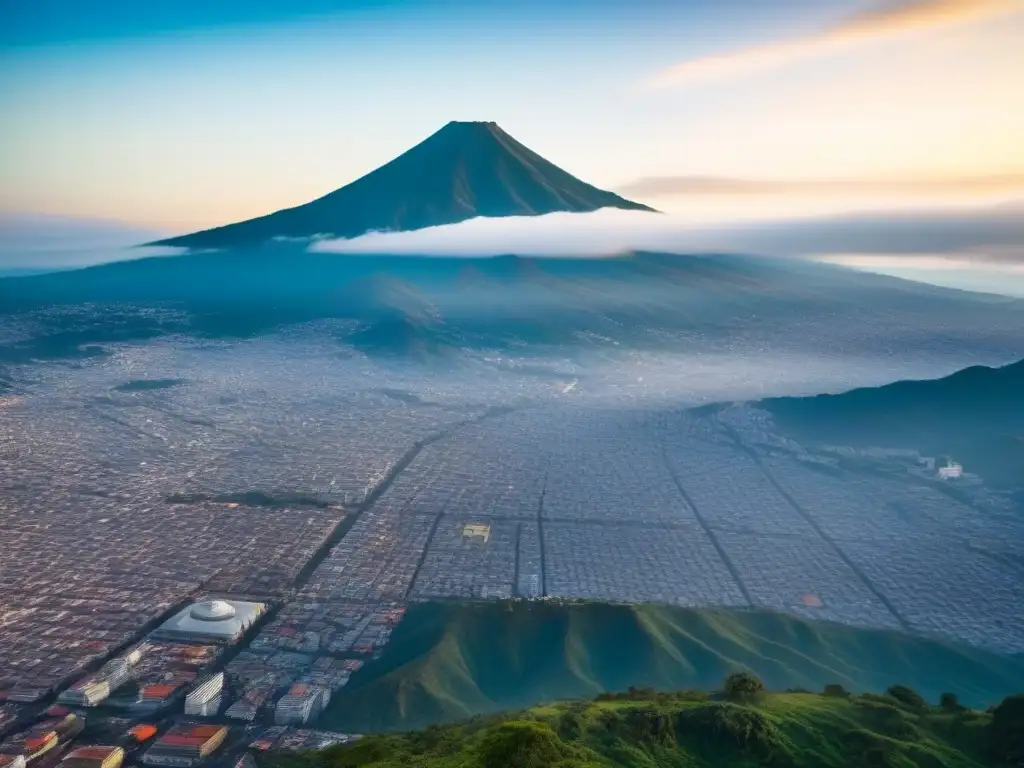 Skyline moderno de Guatemala: tradición y progreso en bienes raíces Vista aérea de Guatemala City, mezcla de arquitectura moderna e histórica entre montañas verdes y cielo azul