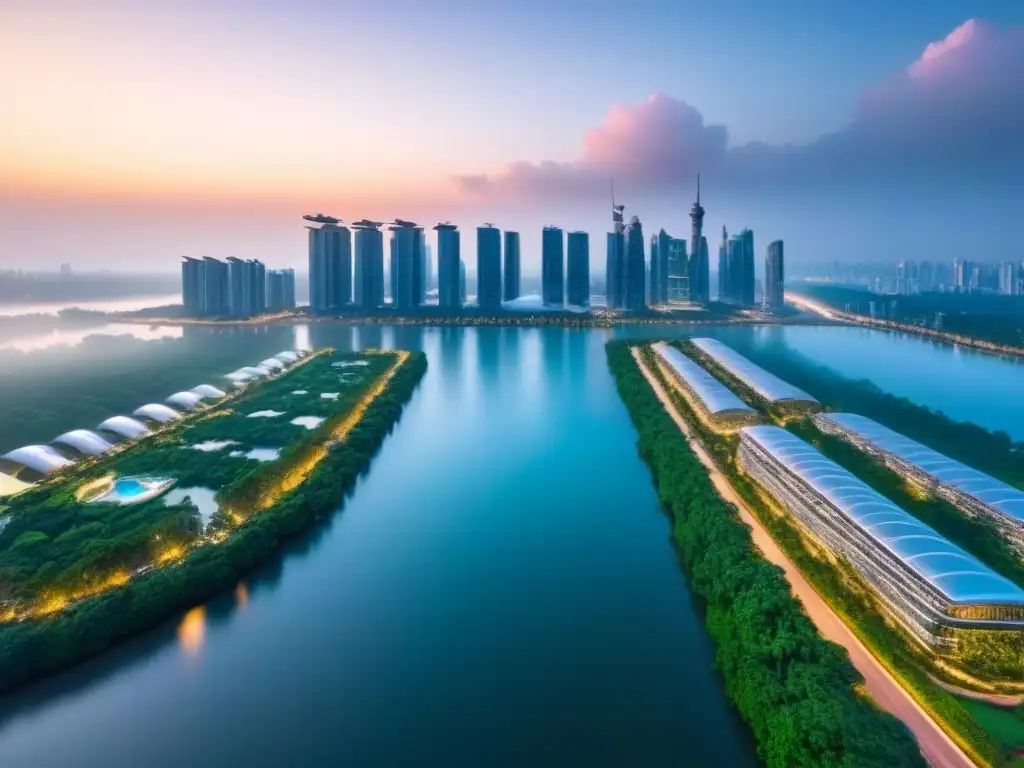 Metrópolis futurista de lujo al atardecer Vista aérea asombrosa de una ciudad futurista al anochecer, con rascacielos innovadores rodeados de vegetación y agua
