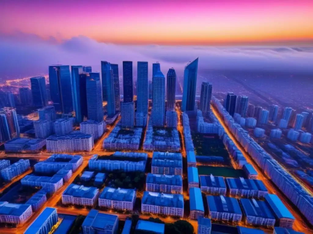 Espléndida ciudad al atardecer: luces y modernidad Vista aérea asombrosa de la ciudad al atardecer, con rascacielos y edificios residenciales