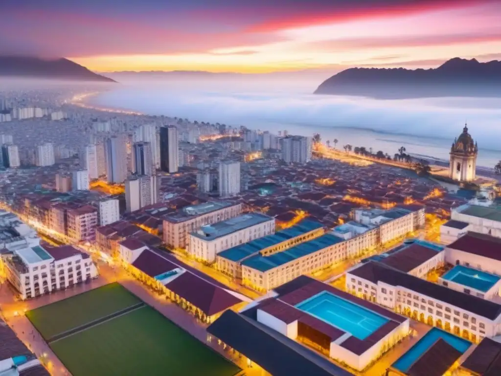 Vista aérea de Lima al atardecer: arquitectura tradicional y moderna Vista aérea de Lima, Perú al atardecer, fusionando arquitectura histórica y moderna
