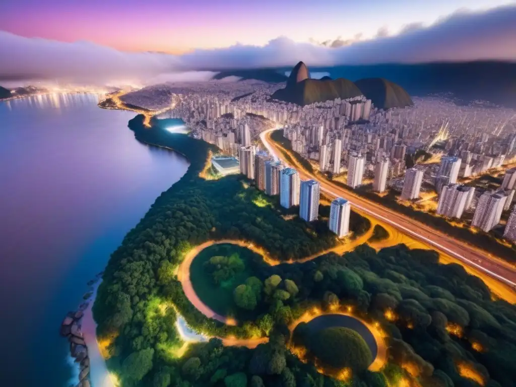 Vista aérea impresionante de ciudad sudamericana al anochecer Vista aérea al atardecer de una bulliciosa ciudad sudamericana, mezcla de rascacielos modernos y monumentos históricos iluminados