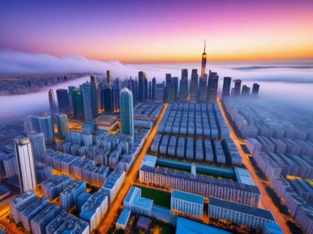 Horizonte urbano al atardecer: mercado inmobiliario en auge Vista aérea al atardecer de una ciudad vibrante con modernos rascacielos y propiedades comerciales, reflejando el auge inmobiliario