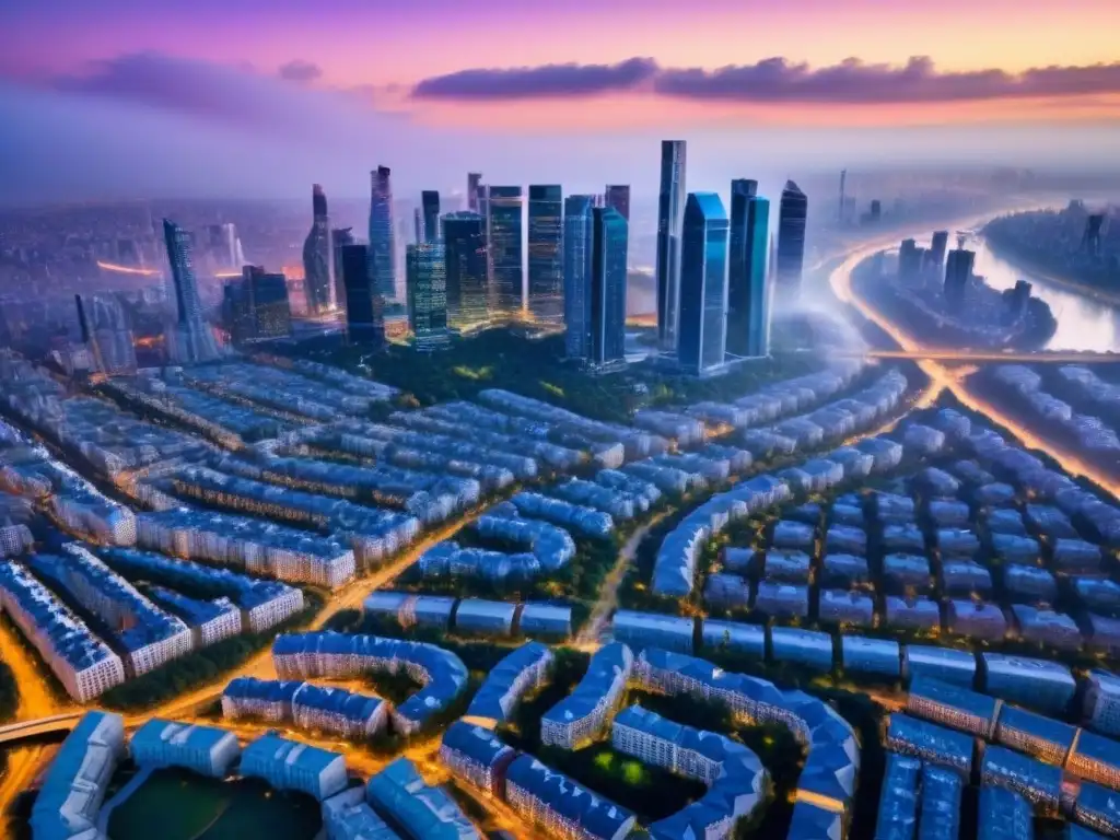 Cityscape contemporáneo al atardecer: luces, ríos y parques verdes Vista aérea al atardecer de una ciudad vibrante con rascacielos modernos y parques urbanos, ideal para modelos de negocio inmobiliario rentables