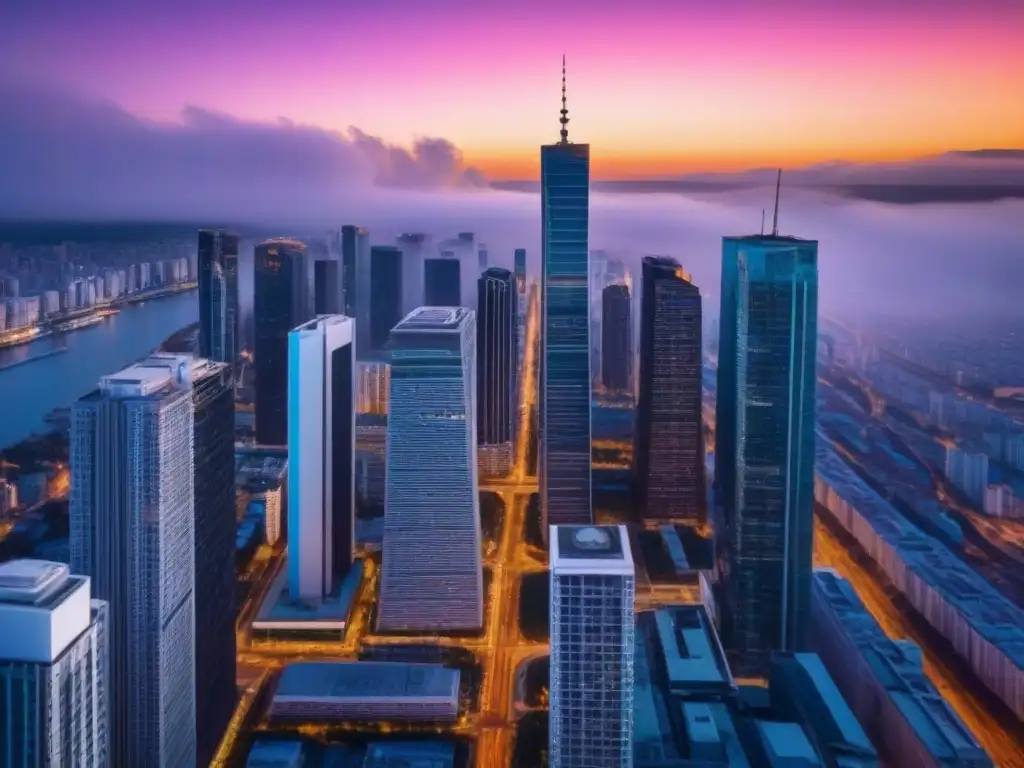 Vista aérea espectacular de ciudad al atardecer Vista aérea al atardecer de una ciudad moderna con rascacielos iluminados, reflejando la evaluación de rentabilidad de proyectos inmobiliarios