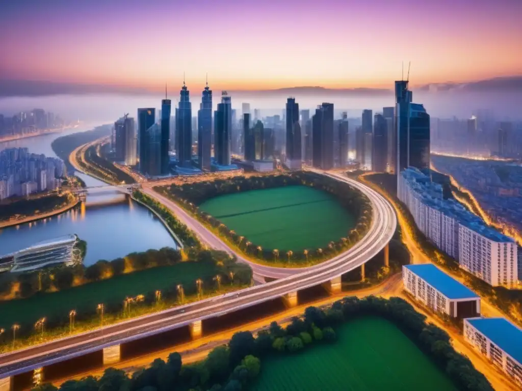 Espléndida vista aérea de una ciudad moderna al atardecer Vista aérea al atardecer de una ciudad moderna con rascacielos iluminados, reflejando inversión inmobiliaria inteligente análisis mercado