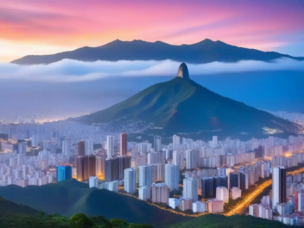Espectacular atardecer en Caracas con vista aérea de la ciudad y el Ávila Vista aérea de Caracas al atardecer con el imponente Ávila de fondo, destacando la arquitectura moderna y tradicional