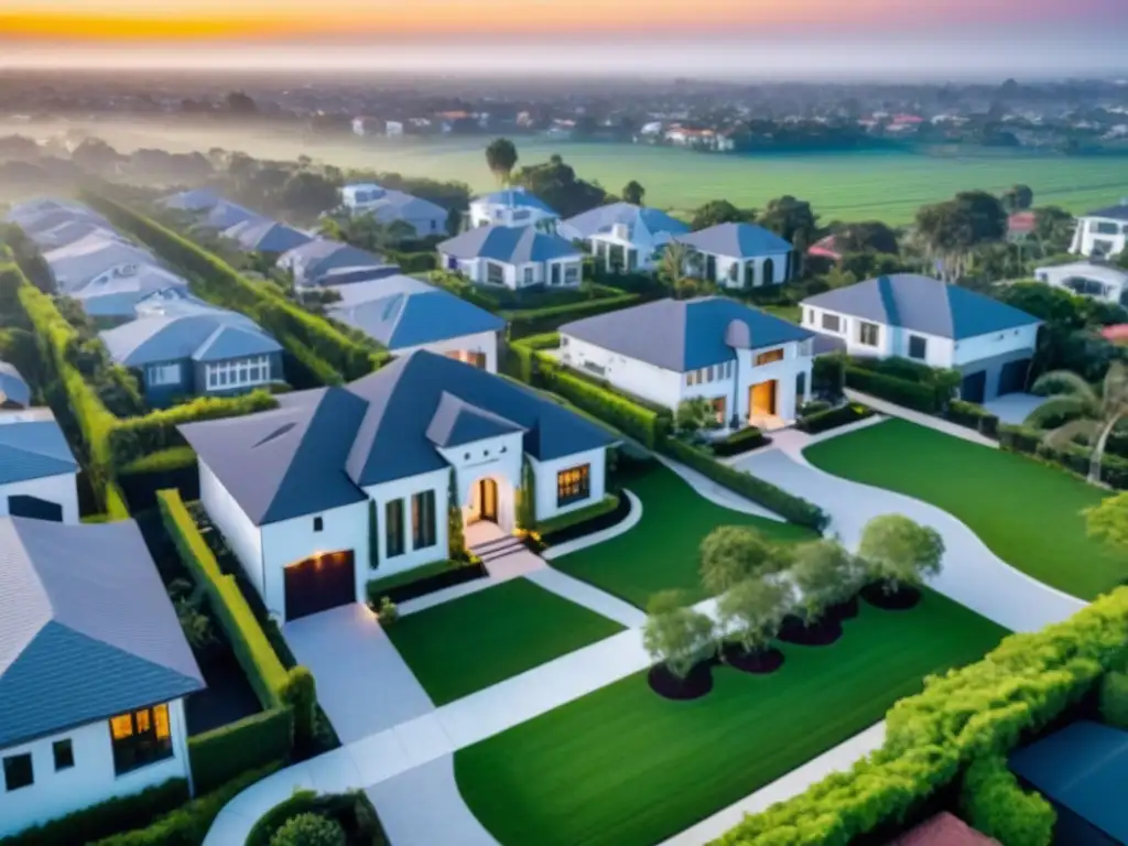 Vista aérea de atardecer en lujoso vecindario residencial, con modernos drones capturando la imagen