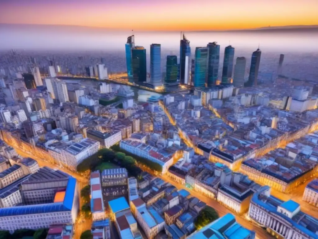 Horizonte de Buenos Aires al atardecer: mezcla de modernidad y tradición Vista aérea de Buenos Aires al atardecer, fusionando rascacielos modernos con arquitectura histórica