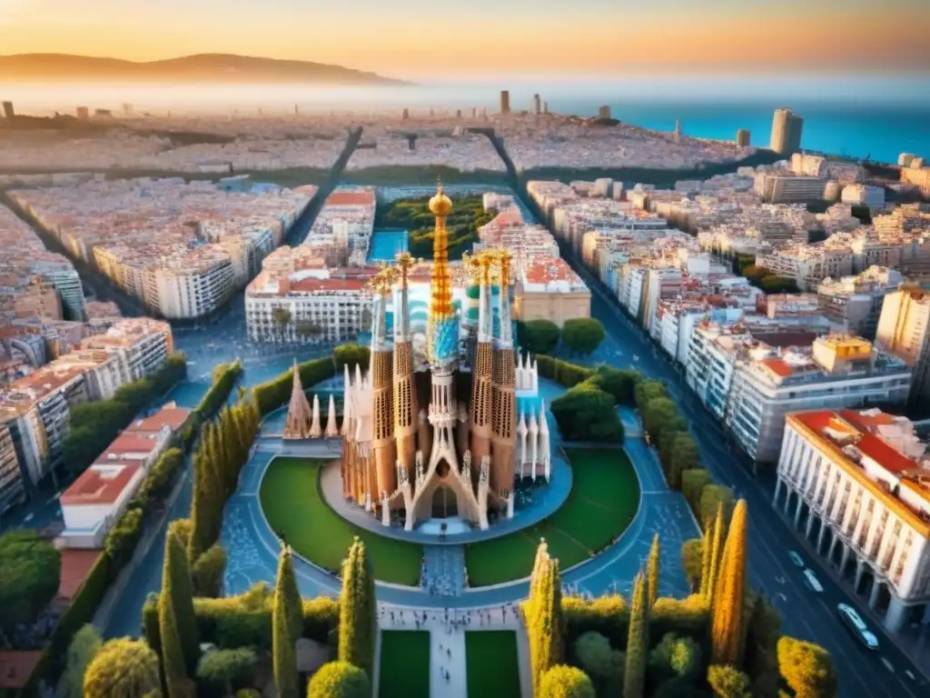 Barcelona al atardecer: mezcla única de historia y modernidad Vista aérea de Barcelona al atardecer con la Sagrada Familia y el mar Mediterráneo, reflejando las perspectivas mercado inmobiliario español