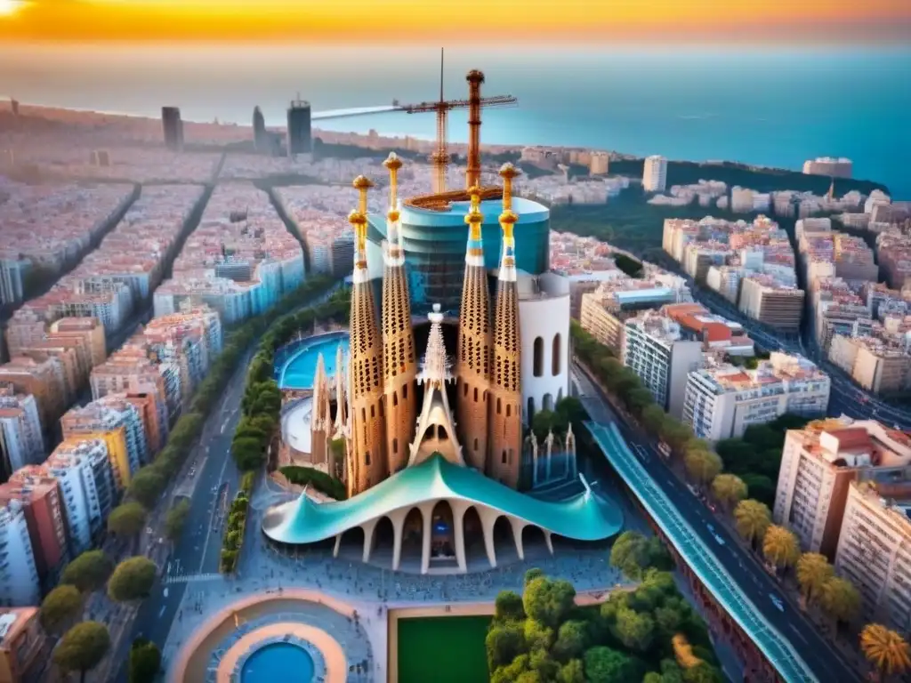 Barcelona dorada: inversión inmobiliaria en 2023 Vista aérea de Barcelona al atardecer, con la Sagrada Familia y el mar Mediterráneo