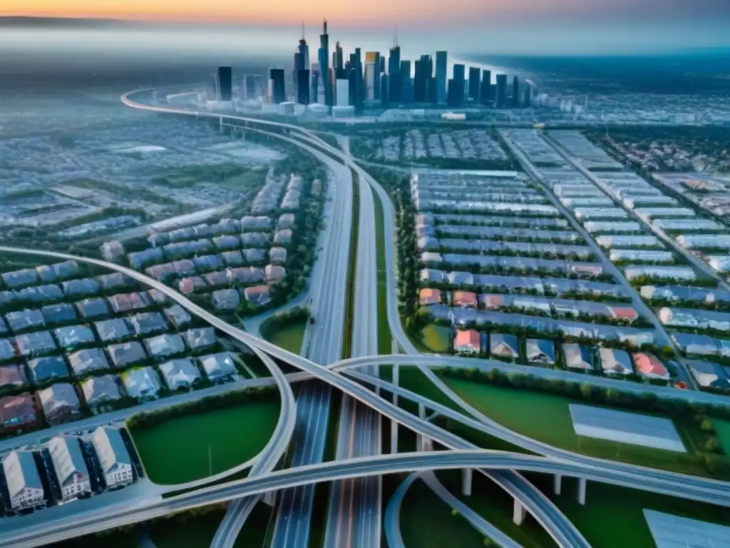 Congestión vial: impacto en propiedades urbanas Vista aérea de autopistas urbanas y valoración inmobiliaria
