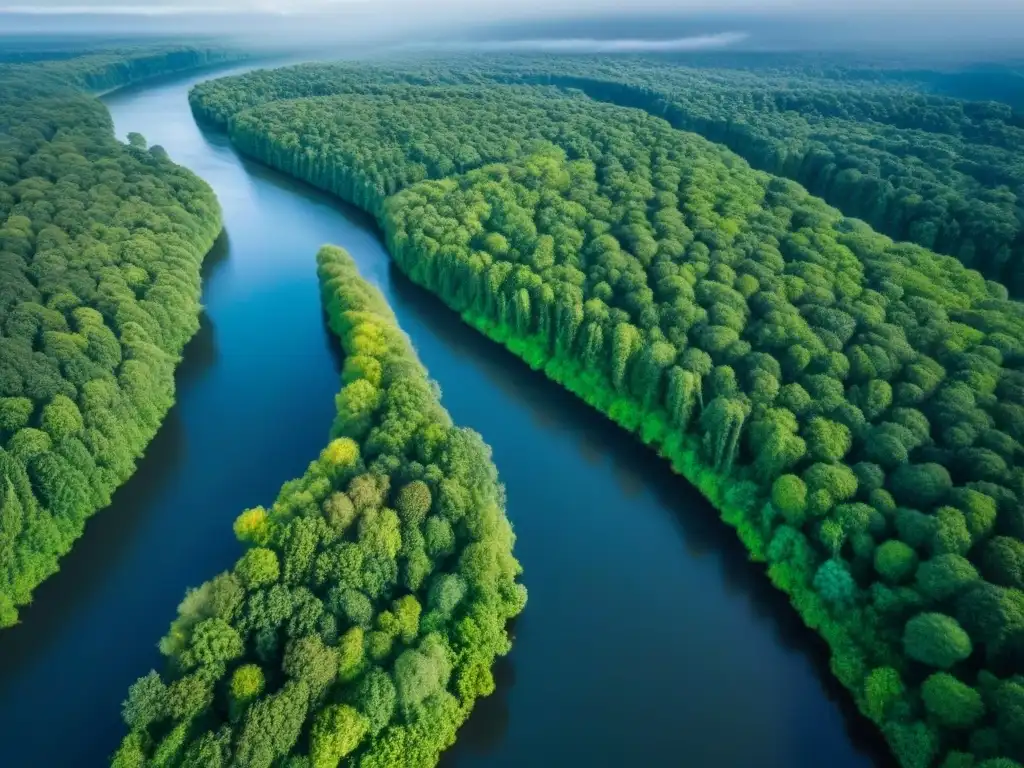 Esplendor natural: bosque verde y río bajo cielos azules Vista aérea de un bosque verde con río, bajo cielo azul y nubes