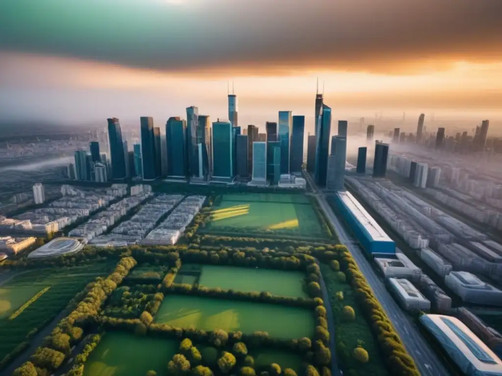 Metrópolis moderna: luces, arquitectura diversa y vitalidad urbana Vista aérea de una bulliciosa área metropolitana con rascacielos modernos, espacios verdes y calles ocupadas