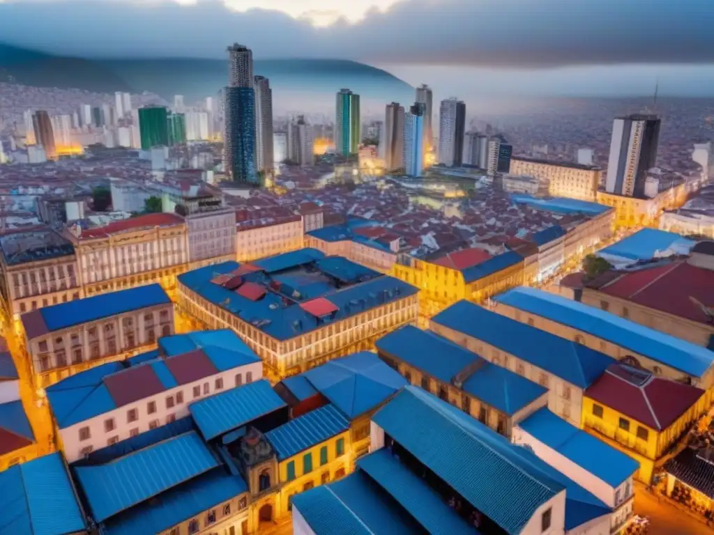 Vibrante ciudad de América del Sur: crecimiento urbano y diversidad Vista aérea de una bulliciosa ciudad en Sudamérica, con rascacielos modernos, arquitectura histórica, calles vibrantes y mercados coloridos