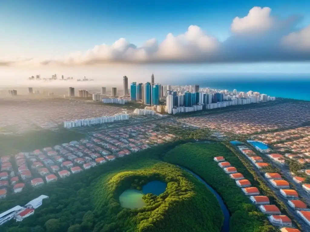Desarrollo urbano en República Dominicana: skyline moderno y vibrante Vista aérea de la bulliciosa ciudad en República Dominicana, destacando rascacielos modernos y barrios vibrantes bajo cielo azul