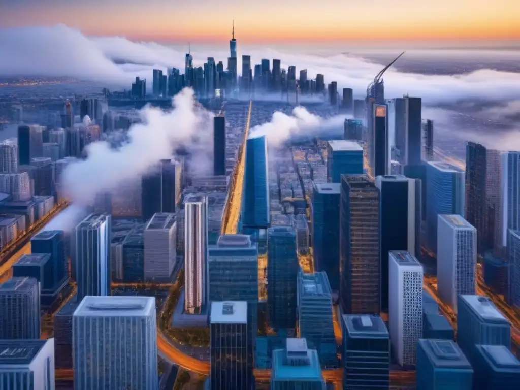 Centro urbano vibrante y moderno: innovación y competitividad Vista aérea de una bulliciosa ciudad moderna con rascacielos, calles llenas de gente y letreros futuristas