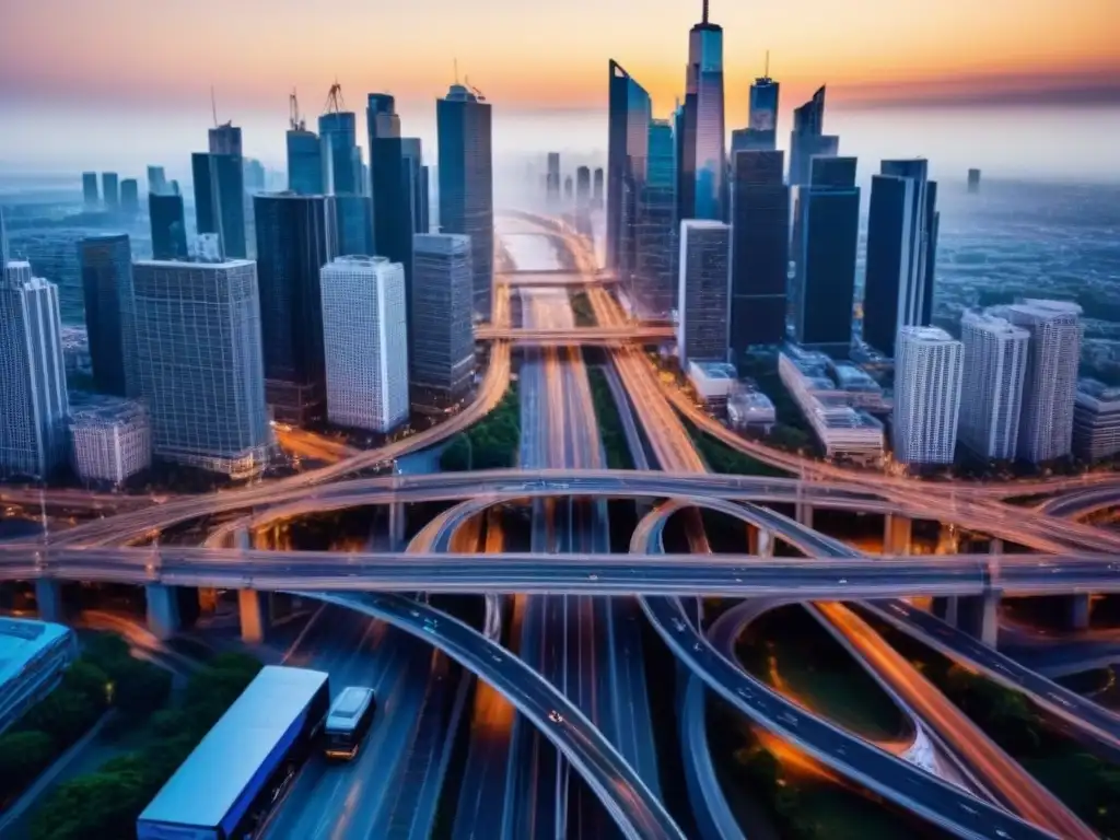 Intersección urbana al atardecer: red de carreteras y rascacielos Vista aérea de una bulliciosa intersección urbana al atardecer, destacando la red vial y edificios altos