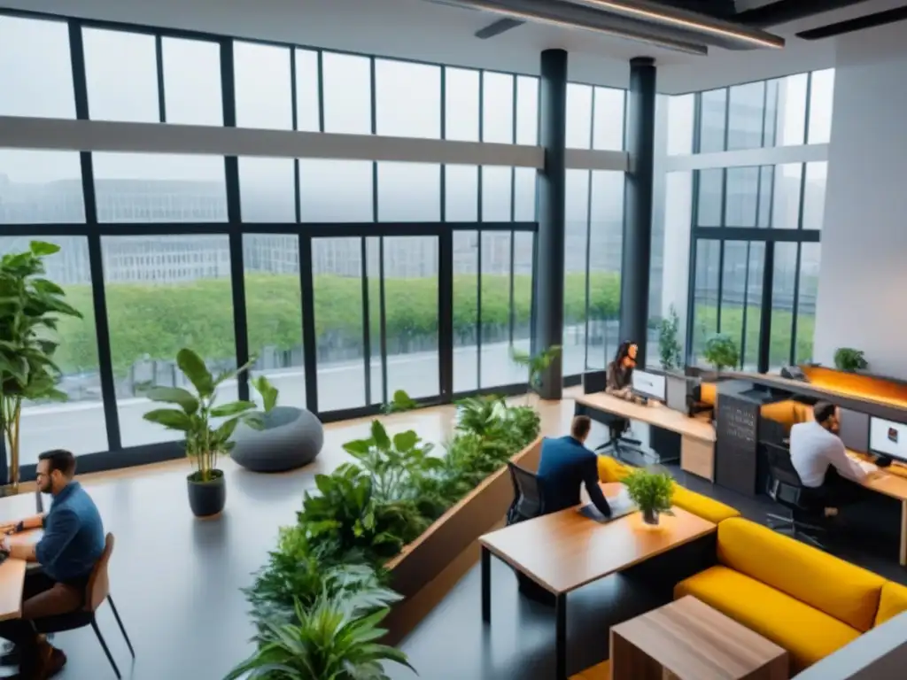 Centro de Coworking Urbano: Innovación y Colaboración Vista aérea de un bullicioso espacio de coworking en ambiente urbano, simbolizando la Inversión en coworking inmobiliario