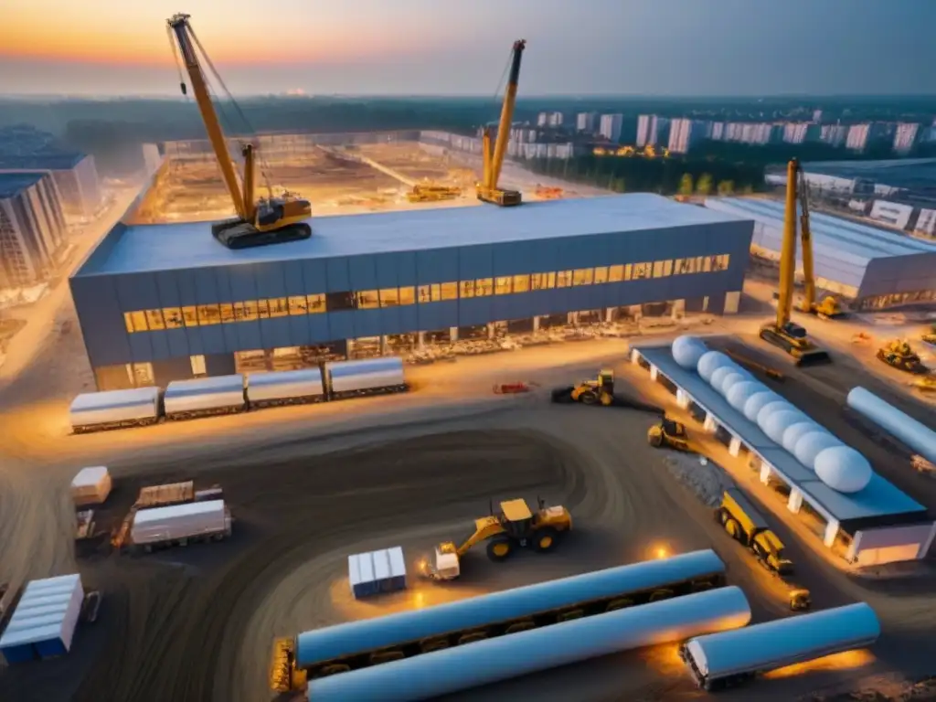Avance urbano al atardecer: construcción en centro de la ciudad Vista aérea de un bullicioso sitio de construcción en el centro de la ciudad al atardecer