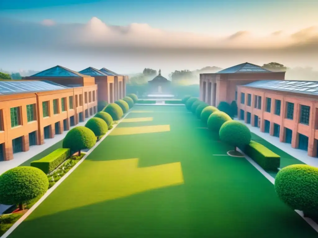 Universidad moderna en entorno natural: innovación educativa en la ciudad Vista aérea de un campus universitario moderno rodeado de vegetación exuberante, edificios vanguardistas y estudiantes en actividades educativas