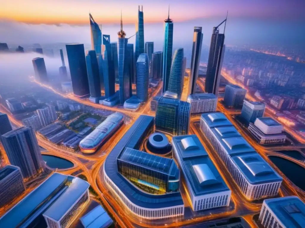 Centro comercial moderno en bulliciosa ciudad: arquitectura vibrante Vista aérea de un centro comercial moderno en el corazón de una bulliciosa ciudad, rodeado de rascacielos y calles transitadas