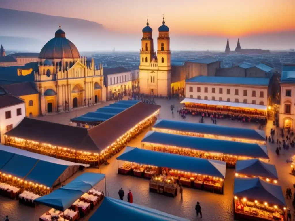 Centro histórico: mercado multicultural al atardecer Vista aérea de un centro histórico con edificios antiguos bien conservados y una mezcla de estilos arquitectónicos