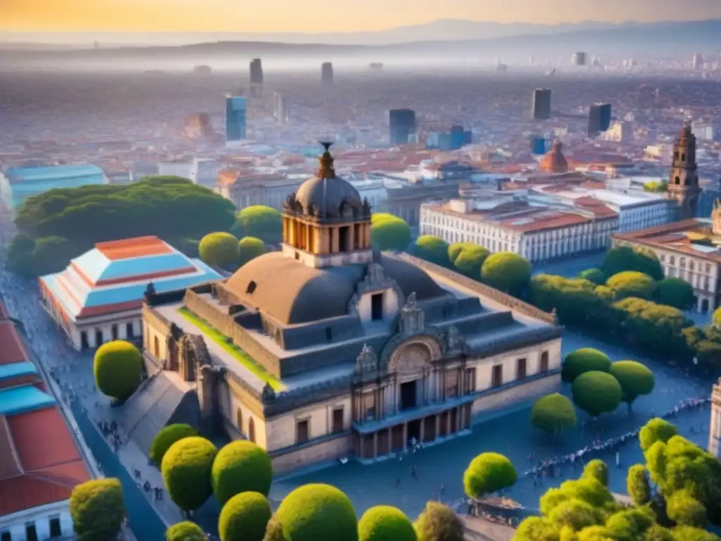Centro Histórico de Ciudad de México: pasado y modernidad Vista aérea del centro histórico de Ciudad de México, fusionando ruinas aztecas con arquitectura colonial y rascacielos modernos