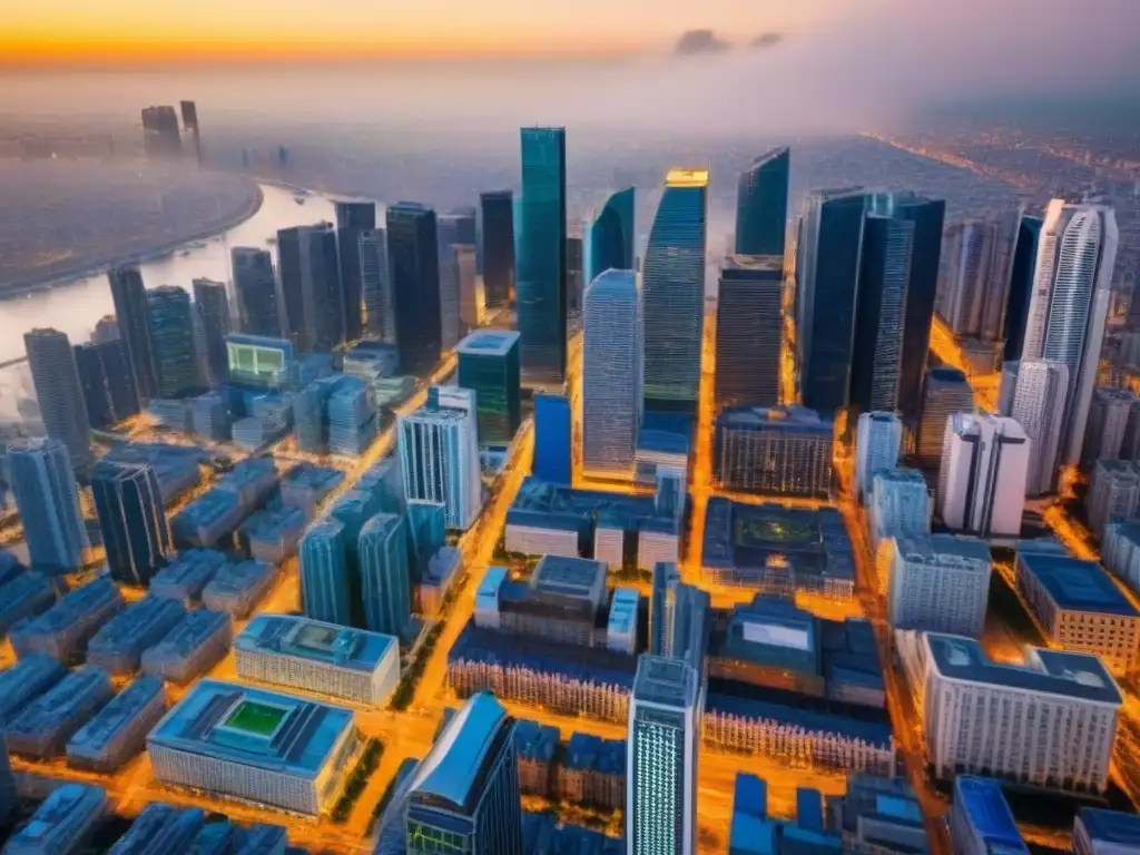 Metrópolis vibrante: oportunidades en inversión inmobiliaria Vista aérea de un centro urbano vibrante con rascacielos modernos y calles llenas de vida, simbolizando oportunidades inmobiliarias