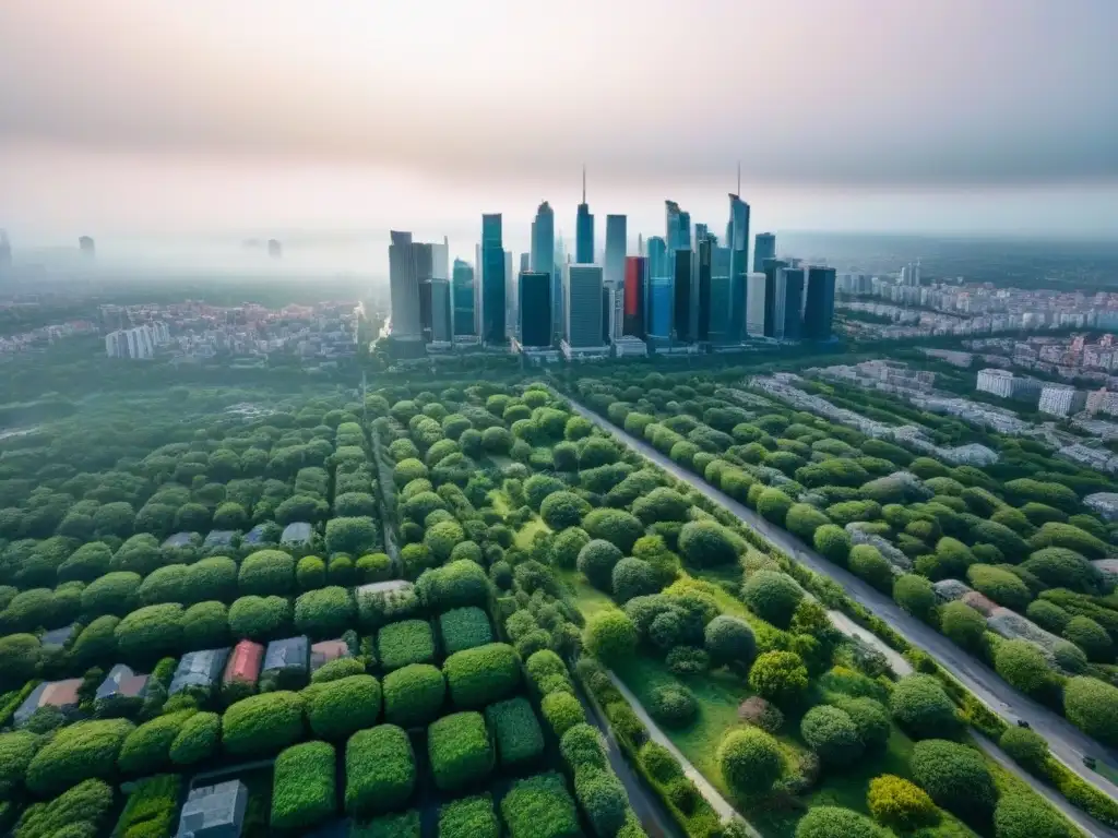 Metrópolis moderna: arquitectura y naturaleza en equilibrio Vista aérea de un centro urbano con diversidad de inmuebles, destacando estrategias de monetización inmobiliaria