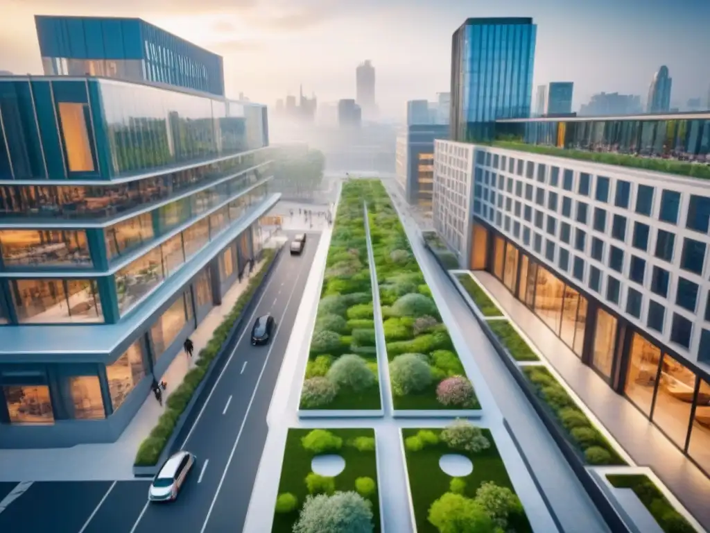 Centro urbano sostenible: arquitectura futurista y vida ecoamigable Vista aérea de centro urbano con arquitectura sustentable y diversidad, destacando la planificación espacios comerciales multifuncionales