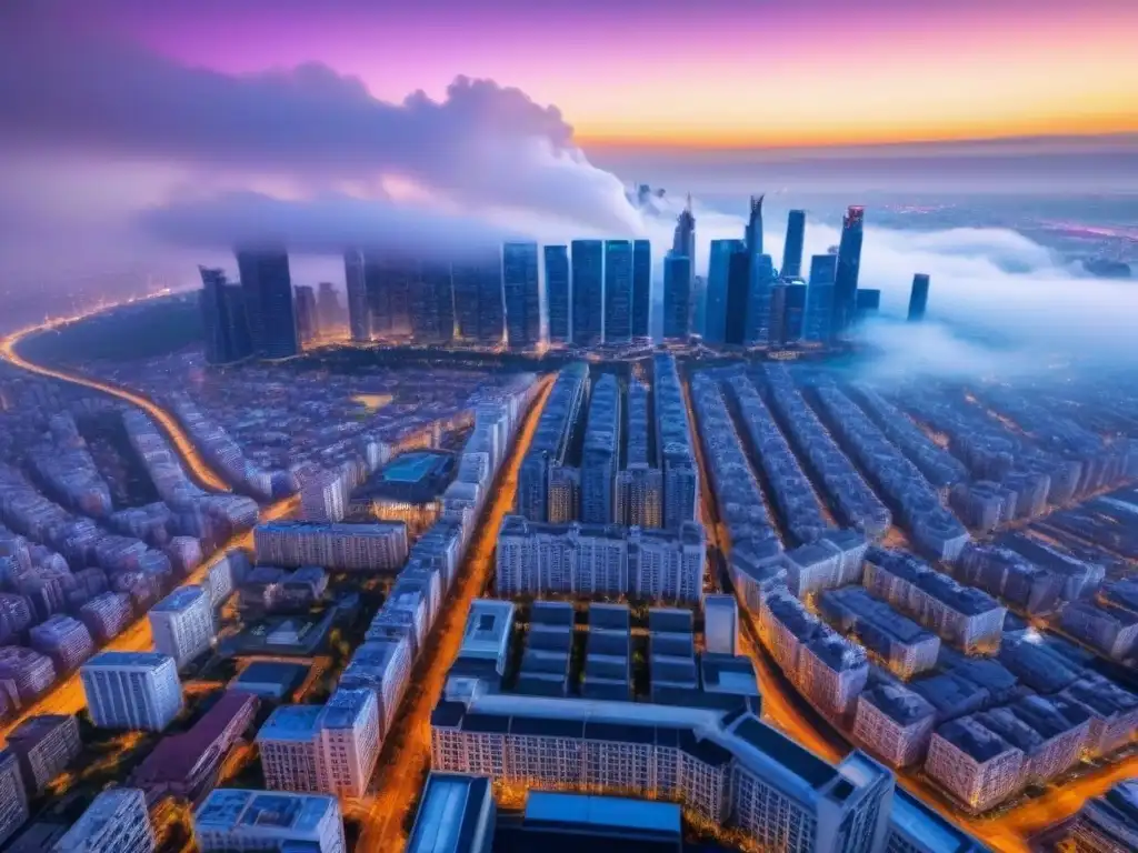Horizonte urbano al atardecer: modernidad y luces de ciudad Vista aérea de la ciudad al atardecer, con rascacielos modernos y luces brillantes, reflejando los factores precios mercado inmobiliario