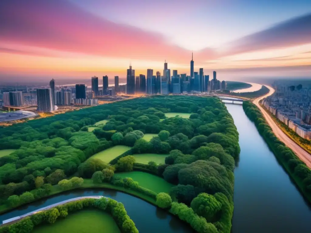 Metrópolis al atardecer: armonía entre rascacielos y naturaleza Vista aérea de ciudad al atardecer con rascacielos y zonas verdes, reflejando 'factores riesgo ambiental inversor inmobiliario'
