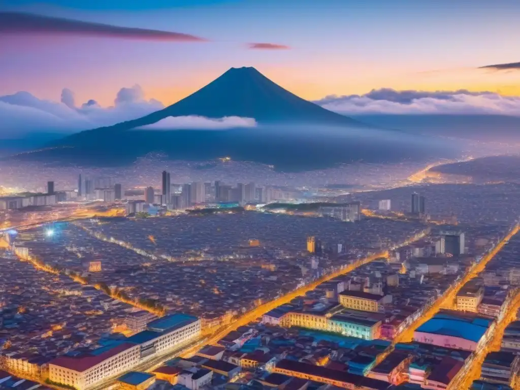 Luces urbanas de Guatemala: inversión y progreso en el mercado inmobiliario Vista aérea de Ciudad de Guatemala al atardecer con luces de la ciudad y montañas, reflejando crecimiento y oportunidad