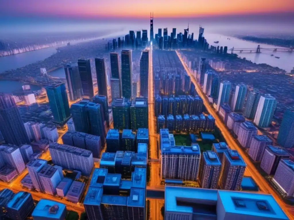 Vibrante ciudad al anochecer: luces y rascacielos modernos Vista aérea de la ciudad al atardecer con rascacielos iluminados en 'Inversiones inmobiliarias: impuestos y estrategias'