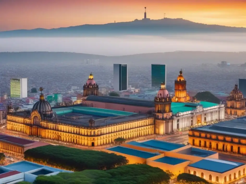 Horizonte de Ciudad de México al atardecer: fusión de historia y modernidad Vista aérea de Ciudad de México al atardecer, fusionando rascacielos modernos con edificios históricos