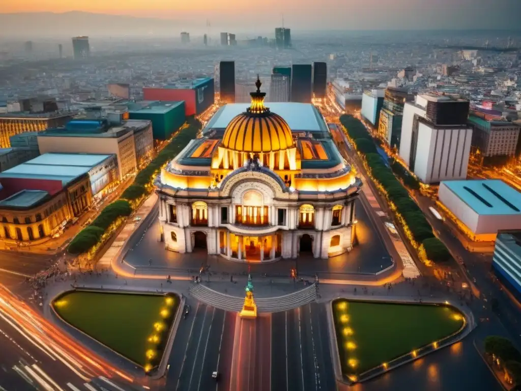 Deslumbrante México City: arquitectura histórica y moderna al atardecer Vista aérea de la Ciudad de México al atardecer, con su arquitectura diversa iluminada por la cálida luz dorada