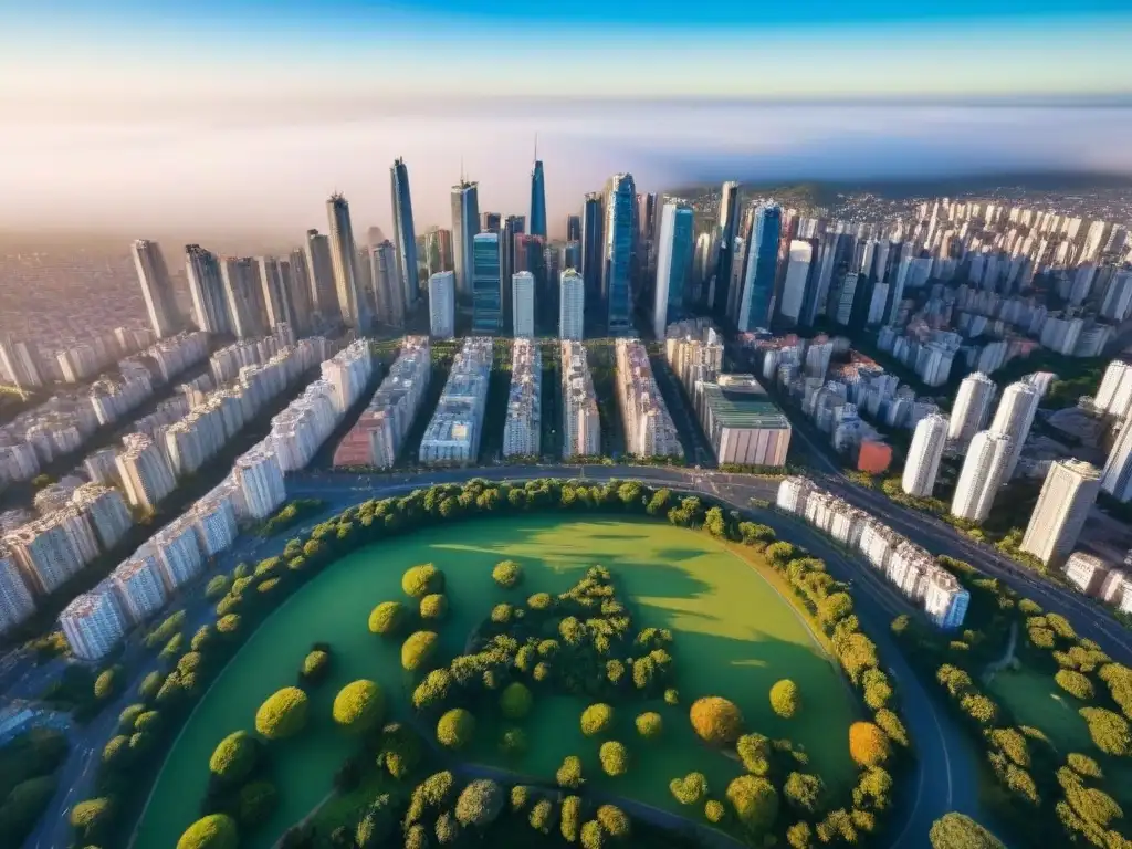 Cityscape moderno en Sudamérica: inversión inmobiliaria dinámica Vista aérea de una ciudad bulliciosa en Sudamérica con rascacielos modernos, edificios residenciales y espacios verdes, mostrando el dinámico mercado inmobiliario e inversiones en la región