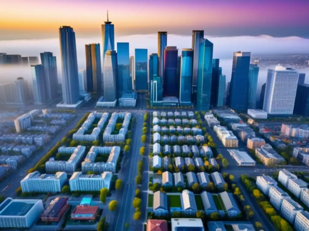Metrópolis dinámica: arquitectura y vida urbana en auge Vista aérea de una ciudad bulliciosa con rascacielos modernos y edificios residenciales, reflejando la dinámica influencia de las tendencias demográficas en las inversiones inmobiliarias