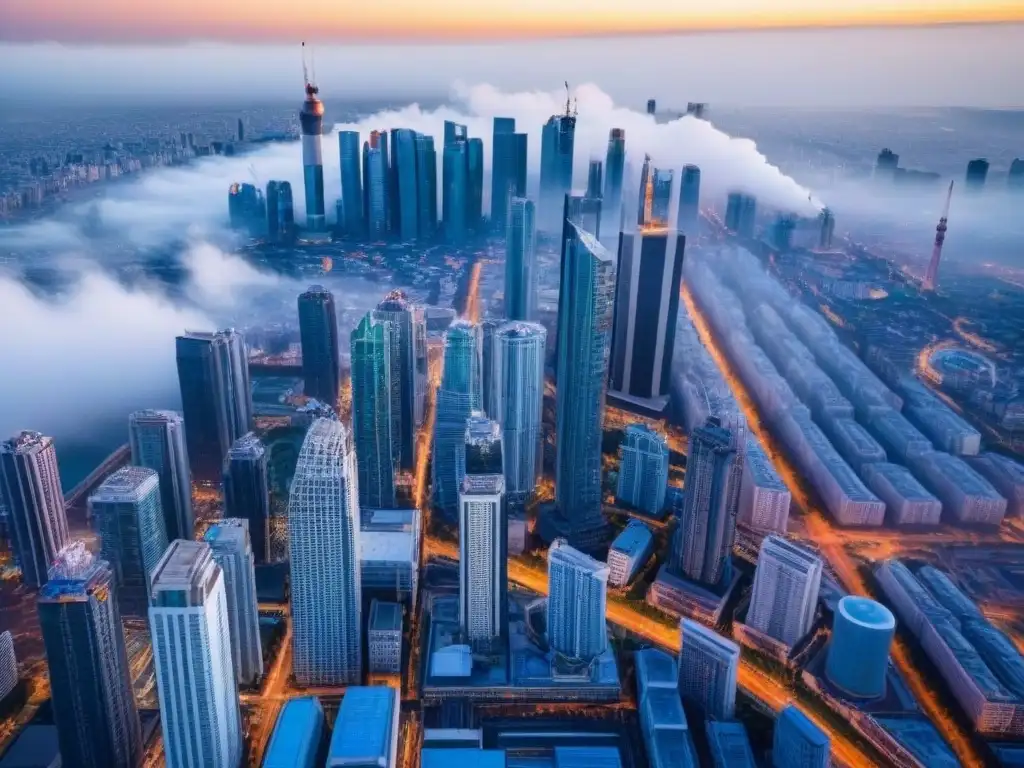 Oportunidades de inversión inmobiliaria en ciudad en crecimiento Vista aérea de una ciudad bulliciosa con rascacielos y sitios de construcción, mostrando una mezcla de edificios modernos y arquitectura tradicional