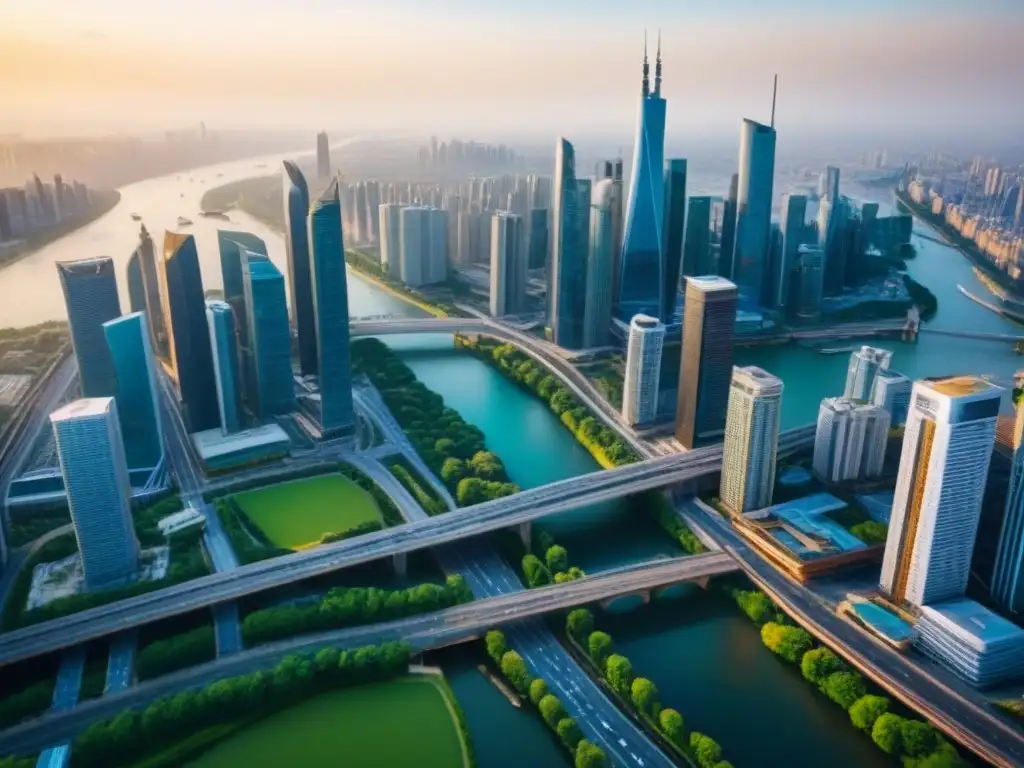 Vista aérea de metrópolis financiera: oportunidades de inversión Vista aérea de una ciudad bulliciosa con rascacielos, calles llenas de autos y un río serpenteando