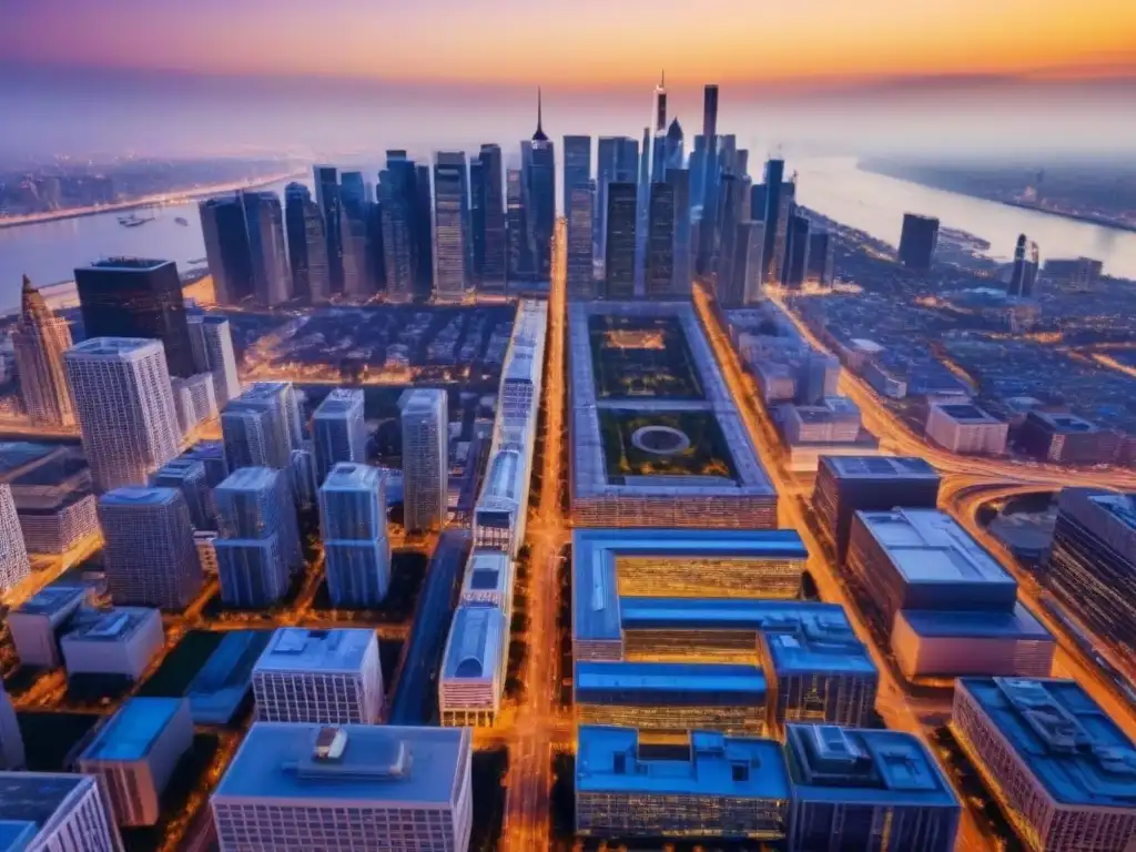Horizonte urbano al atardecer: modernidad y prosperidad en la ciudad Vista aérea de una ciudad bulliciosa al atardecer, con modernos rascacielos y luces vibrantes