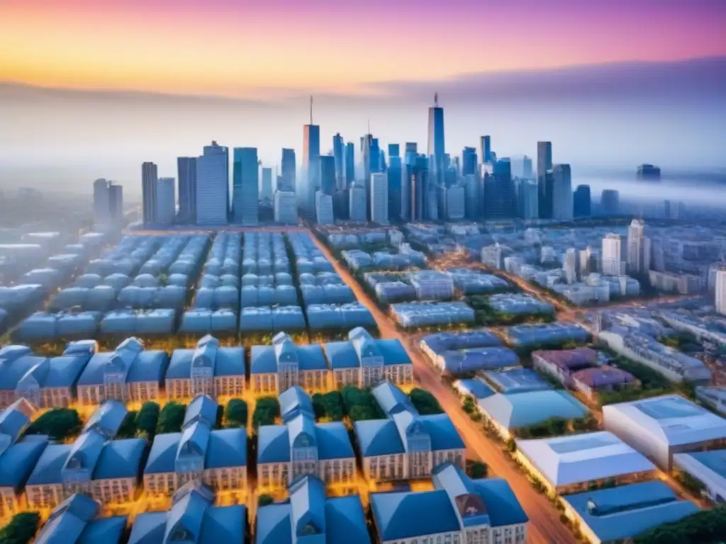 Vista aérea vibrante de ciudad en crecimiento Vista aérea de una ciudad bulliciosa con edificios residenciales y comerciales, calles vibrantes y gente
