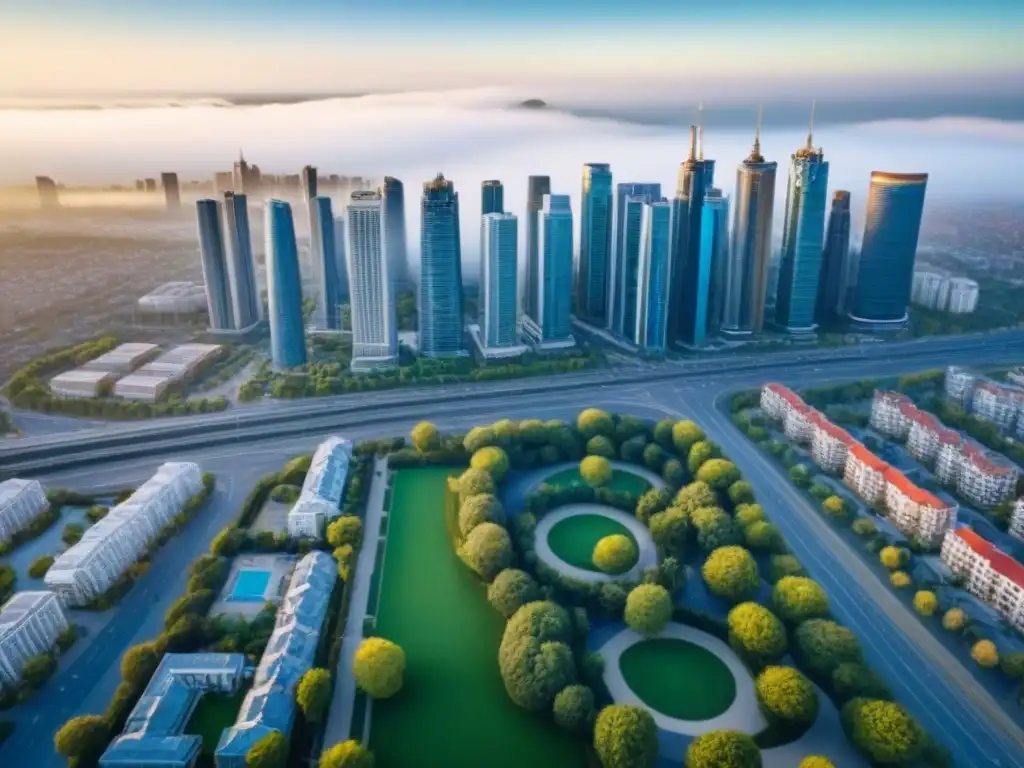 Cityscape diverso muestra potencial para inversiones inmobiliarias nicho Vista aérea de una ciudad bulliciosa con diversidad de edificios, identificando sectores nicho mercado inmobiliario