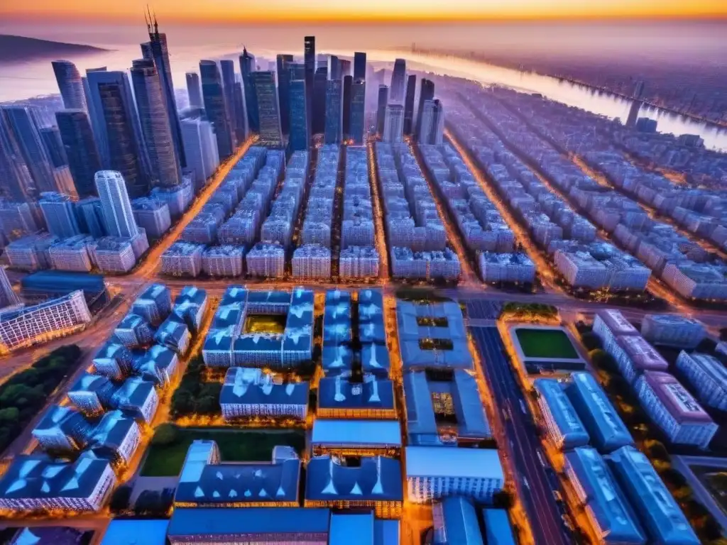 Espectacular ciudad al atardecer: luces, sombras y vida urbana Vista aérea atardecer en ciudad bulliciosa, rascacielos reflejando luz cálida del sol