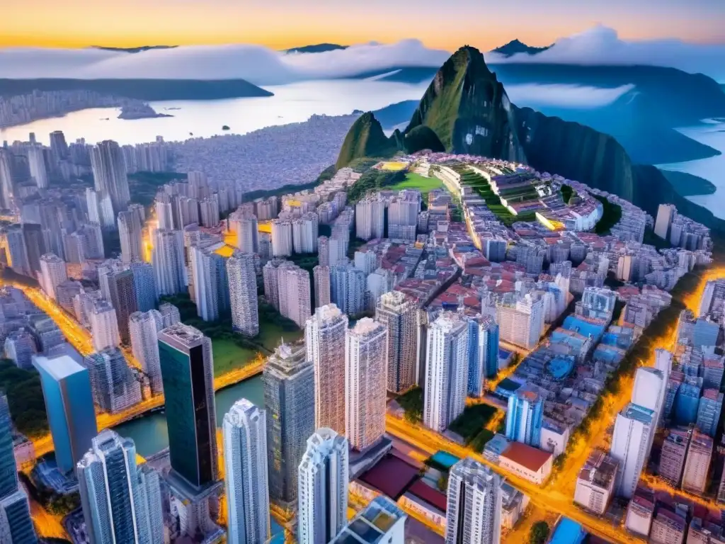 Vista aérea: crecimiento poblacional y mercado inmobiliario en América del Sur Vista aérea de una ciudad bulliciosa en Sudamérica con gráficos de tendencias demográficas del mercado inmobiliario