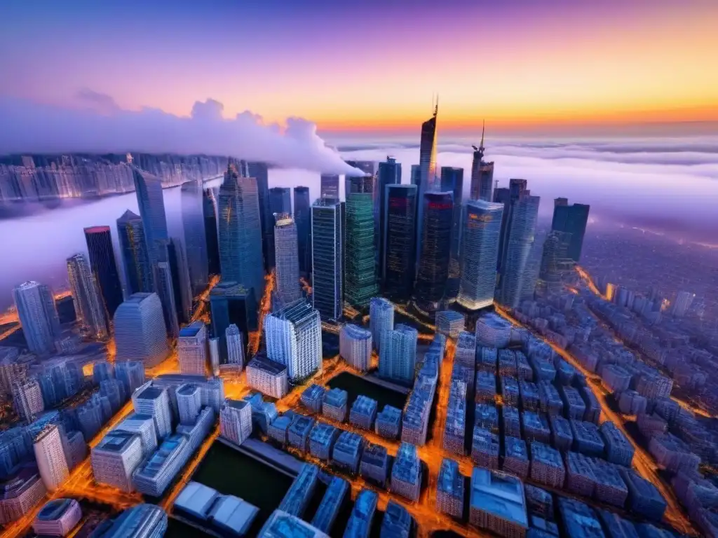 Horizonte urbano dorado al atardecer: mercado inmobiliario internacional Vista aérea de una ciudad bulliciosa con rascacielos reflejando los tonos dorados del atardecer, mostrando las fluctuaciones mercado inmobiliario internacional
